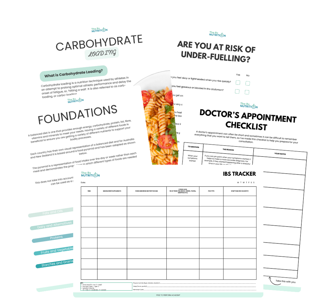 Various health-related worksheets and checklists related to nutrition and appointments.