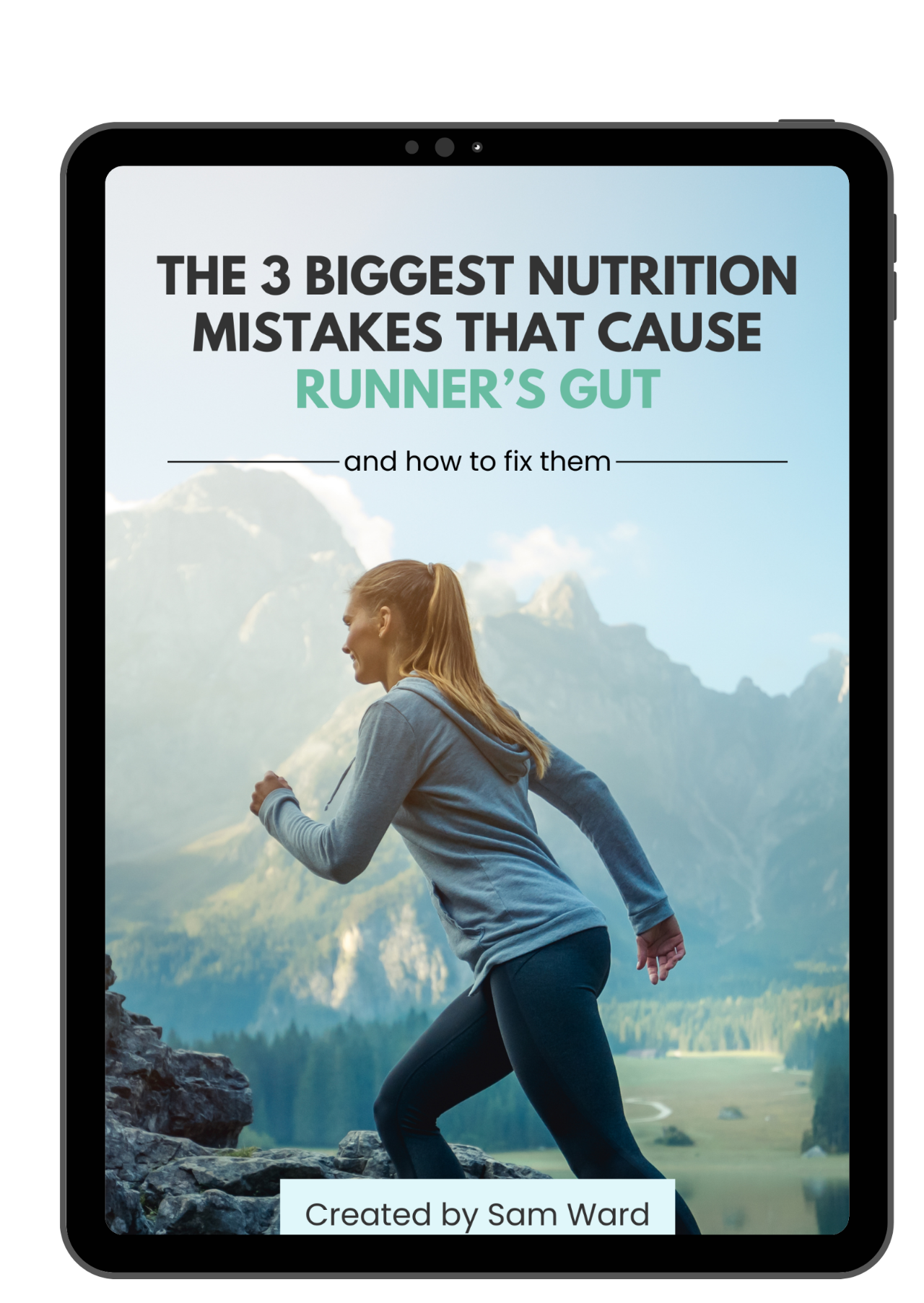 A woman running outdoors with mountains in the background, promoting a nutrition guide.
