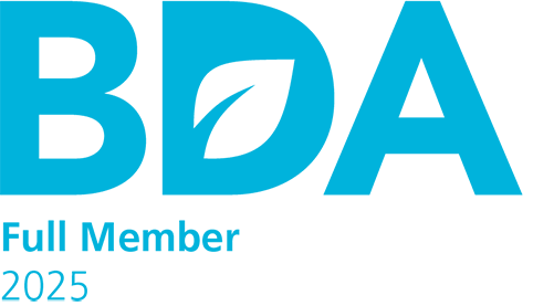 Logo of BDA, featuring a leaf, with the text "Full Member 2025".
